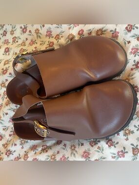 Brown Leather Slip-On Clog with Buckle
